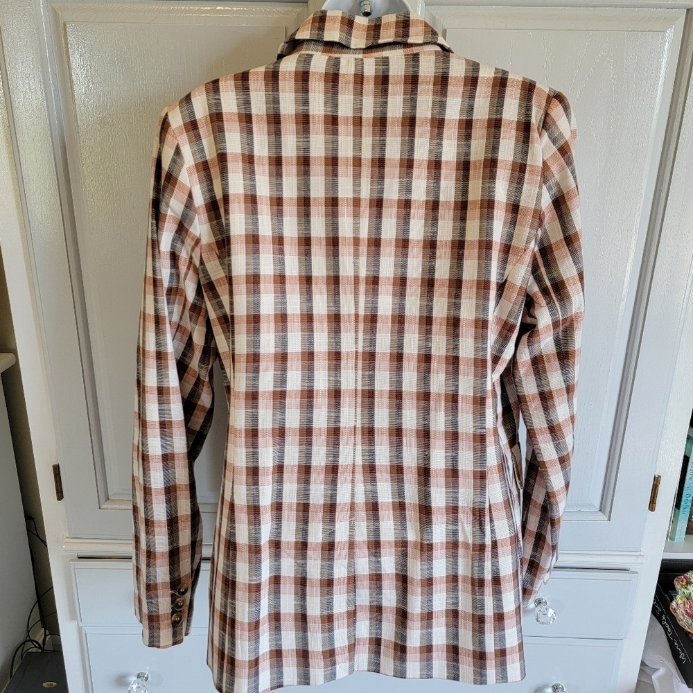 Joie Plaid Womens Cotton Blend Button Lined Blazer Jacket Tan Cream Navy Size M - Picture 6 of 11